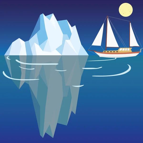 Polygonal iceberg under and above water with ship close to trouble — Stock Vector