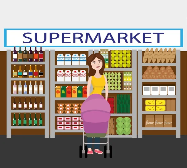 Anya a gyermekét a babakocsi. Vásárlás a szupermarketben. — Stock Vector