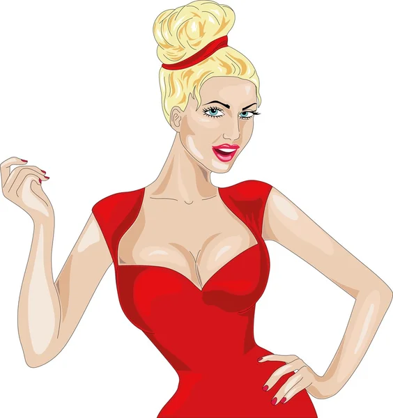 Beautiful blonde woman in red dress. Sexy girl. — Stock Vector