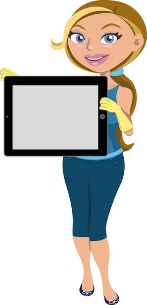 Happy girl showing black tablet — Stock Vector