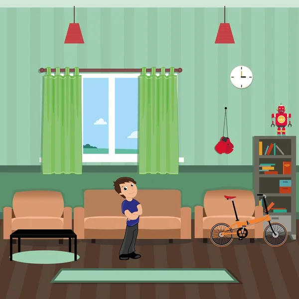 Boy visar sitt rum med cykel och leksaker — Stock vektor