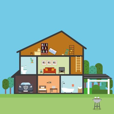 Bir kesme vektör evde. Araba, banyo, oturma odası, b-b-q ile ev iç.