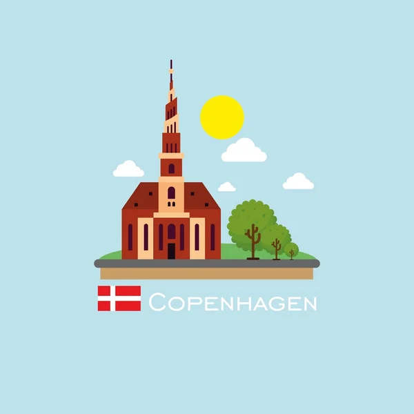 Infografía de la insignia de Copenhague con monumento antiguo en Dinamarca. Estilo plano . — Vector de stock