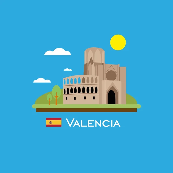 Valencia badge infografis dengan monumen kuno di Spanyol. Gaya datar . - Stok Vektor