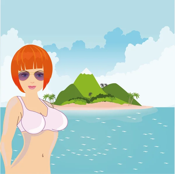 Fille sexy avec des cheveux orange publicité vacances à la plage — Image vectorielle