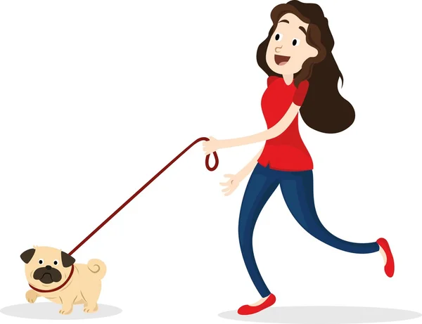 Desenhos animados mulher engraçada andando com cão — Vetor de Stock