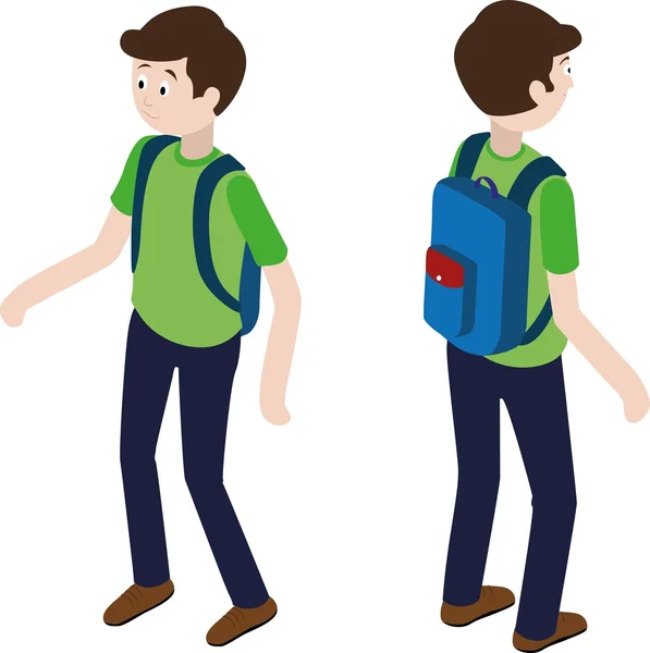 Enfant isométrique avec sac à dos d'école. Elève isométrique . — Image vectorielle