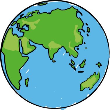 Çizgi film dünya küre ile Avrasya, Afrika ve Avustralya