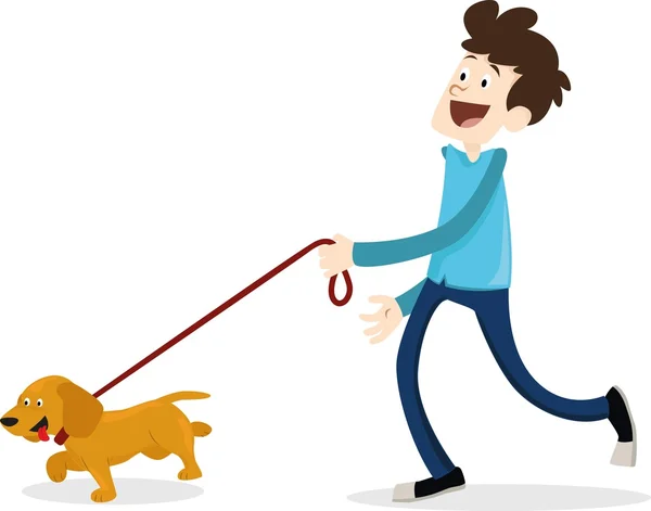 Мультипликационный человек гуляет с собачьей таксой — стоковый вектор