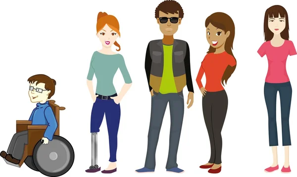 Handicapped people. Blind man, broken arm, one leg, and people on wheelchair. — Stock Vector