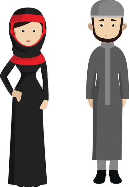 Pareja musulmana de dibujos animados. Ropa árabe tradicional hombre y mujer . — Vector de stock