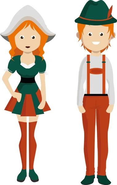 Cartone animato tedesco uomo e donna. Coppia tedesca in costume nazionale . — Vettoriale Stock