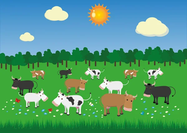 Paisaje de pasto de verano con toros y vacas — Vector de stock