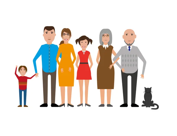 Retrato familiar con madre, papá, abuela, abuelo, niño, niña y gato — Archivo Imágenes Vectoriales