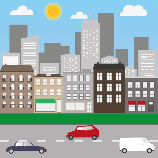Arabalar ve dükkanlar ile şehir manzarası — Stok Vektör