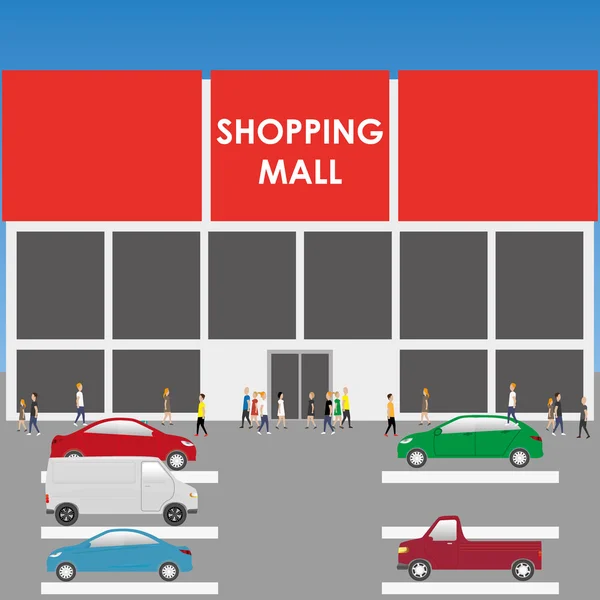 Shopping mall with people and parking — Wektor stockowy