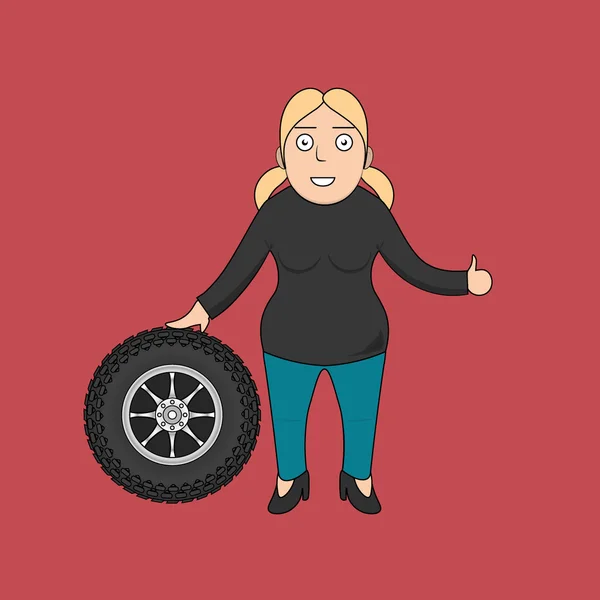 Happy woman buy car wheel - Stok Vektor