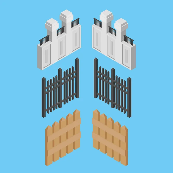 Valla isométrica de metall, madera y piedra — Archivo Imágenes Vectoriales
