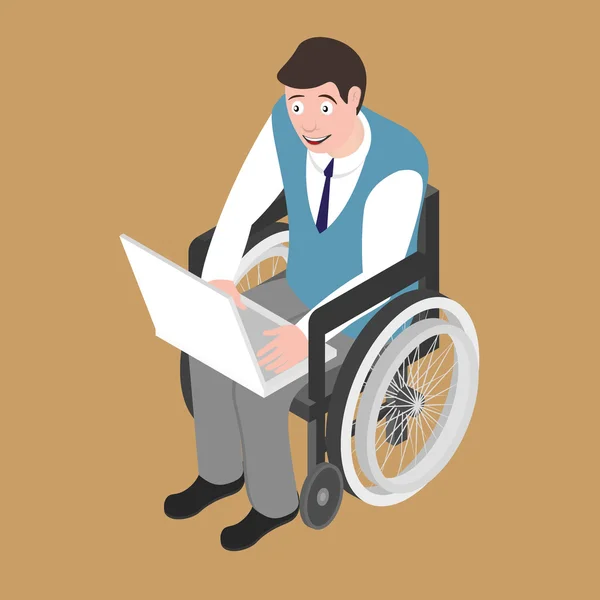 Homem com deficiência isométrica em cadeira de rodas trabalhando com laptop — Vetor de Stock