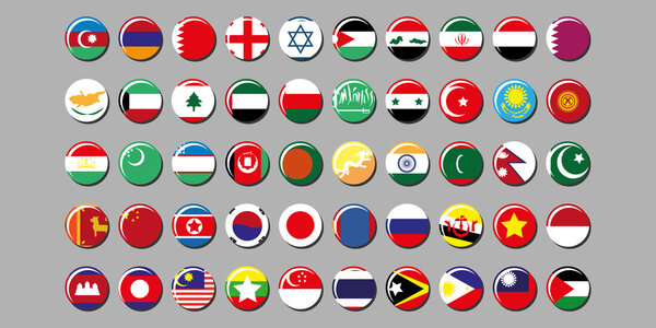 Set of badges with Asian countries flags