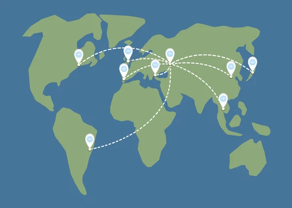 Aviones sobre mapa verde con rutas desde Europa — Vector de stock