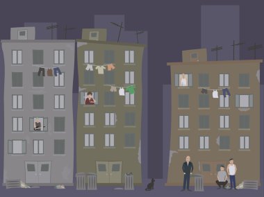Getto giyim asma Clothesline ve kızgın insanlar. Gecekondu.