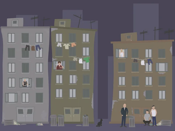 Getto giyim asma Clothesline ve kızgın insanlar. Gecekondu.