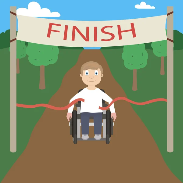 Un coureur en fauteuil roulant franchit la ligne d'arrivée — Image vectorielle