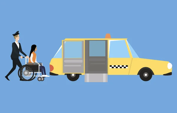 Kerekesszékkel megközelíthető közlekedési taxi, a vezető és a fogyatékkal élő személy — Stock Vector