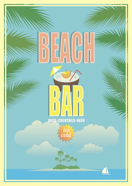 Beach Bar poster with palms, ship, beach — Stock Vector