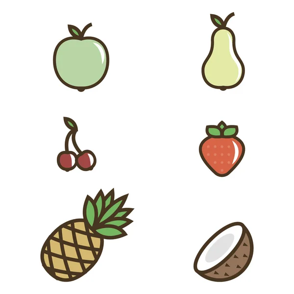 Плоский набір фруктів: яблуко, груша, вишня, полуниця, ананас, кокос — стоковий вектор