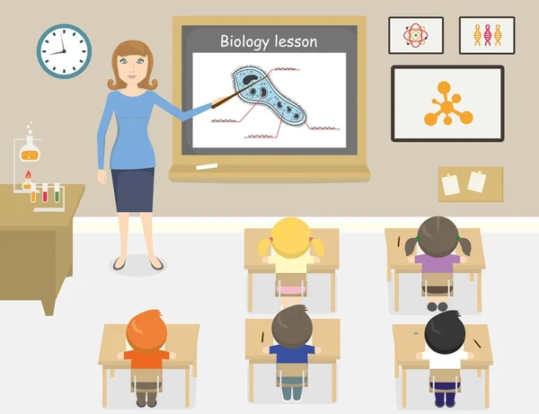 Illustrazione vettoriale degli insegnanti che insegnano biologia in classe — Vettoriale Stock