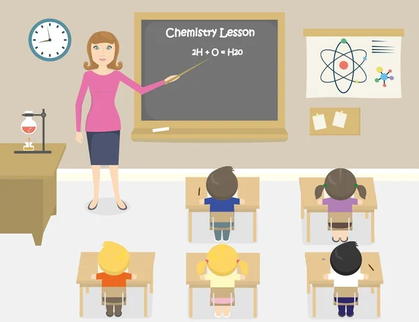 Eine Vektorillustration des Chemielehrers im Klassenzimmer — Stockvektor