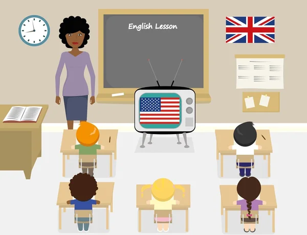 Illustration vectorielle d'un enseignant africain enseignant l'anglais dans une classe — Image vectorielle