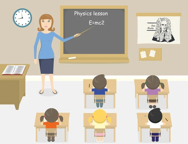 Eine Vektorillustration des Physiklehrers im Klassenzimmer — Stockvektor