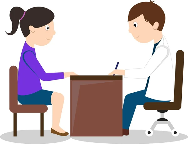 医生和女病人坐在桌前。白色背景上孤立 — 图库矢量图片
