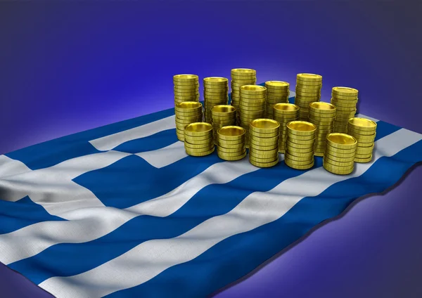 Концепція грецької економіки з національним прапором і золоті монети - 3d візуалізації — стокове фото