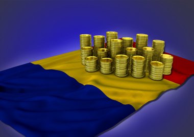 -3d render Romen ekonomi kavramı ile ulusal bayrak ve altın paralar