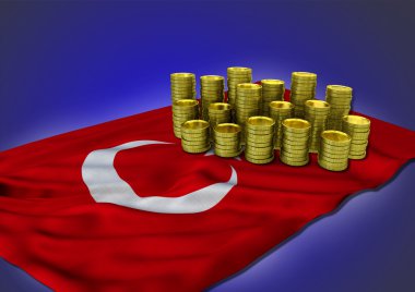 -3d render Türkiye ekonomisi kavramı ile ulusal bayrak ve altın paralar