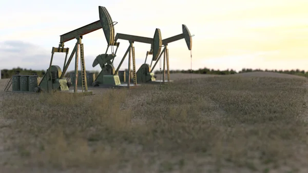 Oil wells on meadow - 3D render — Stock Photo, Image