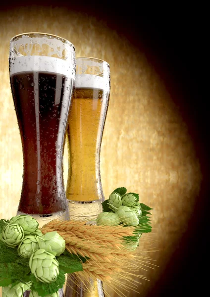 Schwarzes und klassisches Bier, Gerste, Hopfen - 3D-Render — Stockfoto