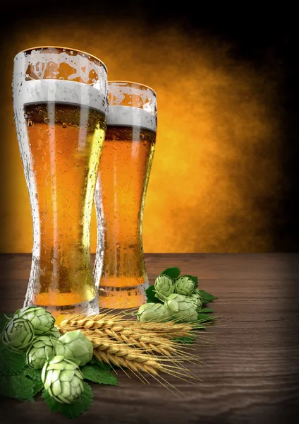 Two glasses of beer with barley and hops on table - 3D render — Stock Photo, Image