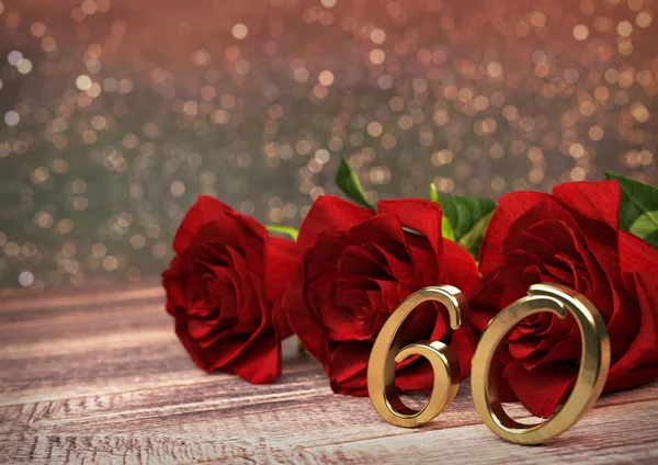 Conceito de aniversário com rosas vermelhas na mesa de madeira. sexagésimo. 60. Renderização 3D — Fotografia de Stock