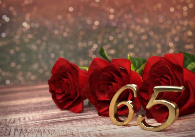ahşap masa üzerinde kırmızı Güllü doğum günü kavramı. sixtyfifth. 65. 3d render