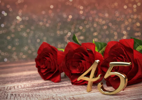 Concept d'anniversaire avec des roses rouges sur bureau en bois. Quarante-cinquième. 45e. rendu 3D — Photo