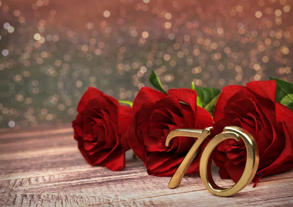 Concepto de cumpleaños con rosas rojas en escritorio de madera. Setenta. Setenta. Renderizado 3D —  Fotos de Stock