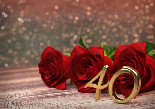 Conceito de aniversário com rosas vermelhas na mesa de madeira. Quarenta. 40. Renderização 3D — Fotografia de Stock