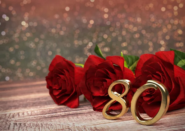 Conceito de aniversário com rosas vermelhas na mesa de madeira. Oitenta. 80. Renderização 3D — Fotografia de Stock