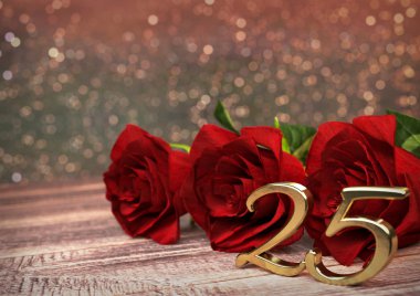 ahşap masa üzerinde kırmızı Güllü doğum günü kavramı. twentyfifth. 25. 3d render