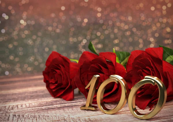 Concepto de cumpleaños con rosas rojas en escritorio de madera. centésima. Cien. Renderizado 3D — Foto de Stock